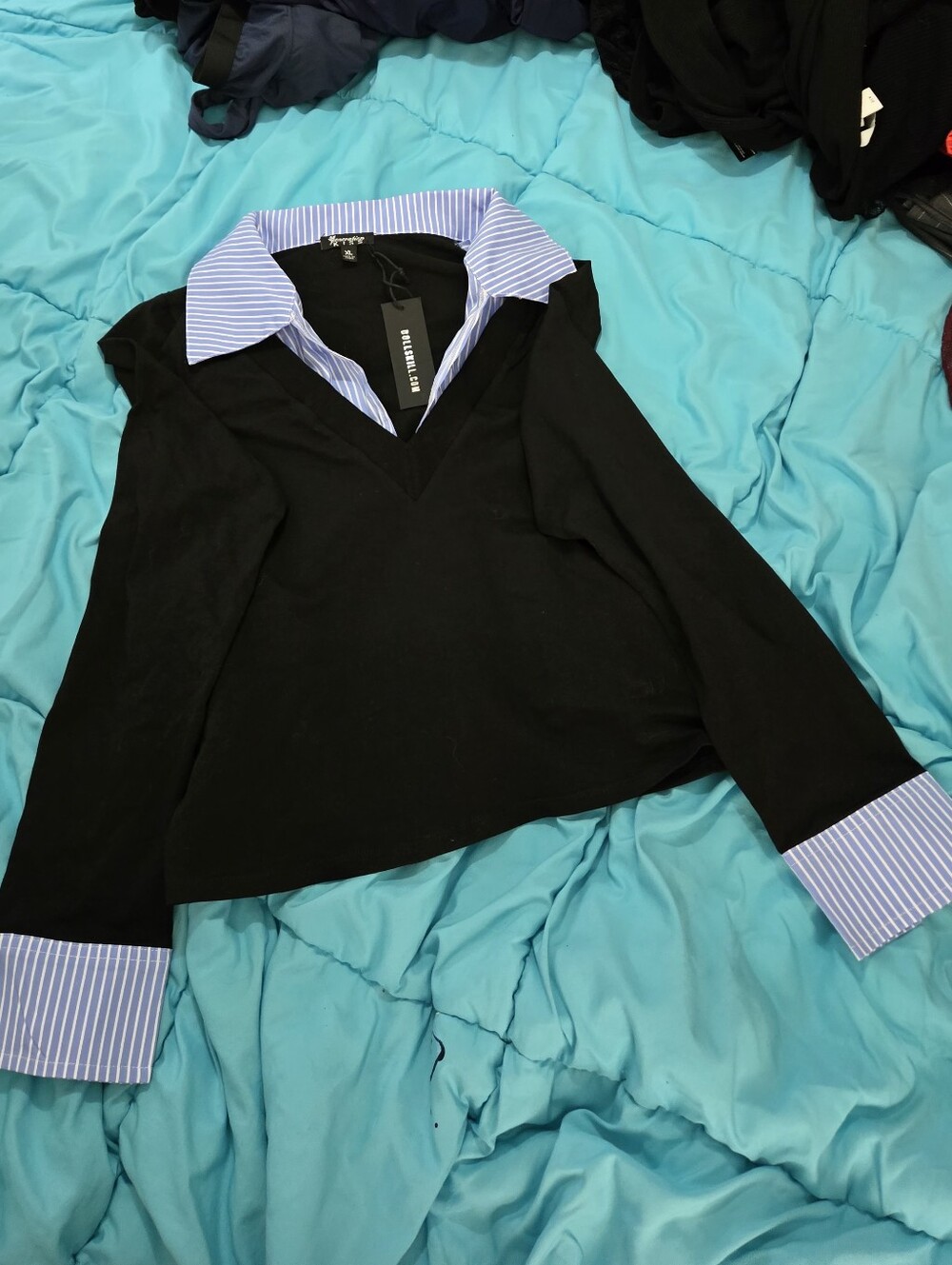 Dolls Kill Black Layered V-Neck Top with Blue Stripe Collar